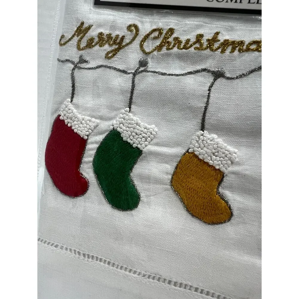Hand Embroidered Christmas Linen Guest Towels